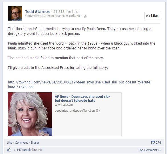 Fox News Correspondent Starnes: "The Liberal, Anti-South Media Is Trying To Crucify Paula Deen"