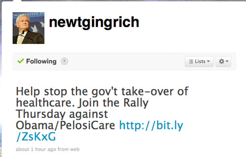 Screen capture of Newt Gingrich's Twitter feed
