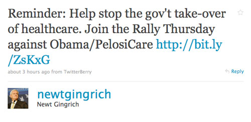 Screen capture of Newt Gingrich's Twitter feed