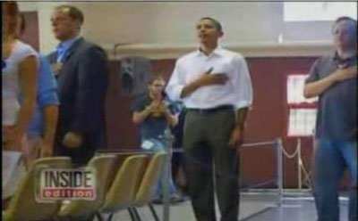 Senator Obama during national anthem