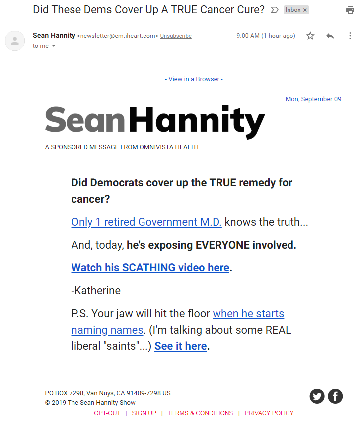 Sean Hannity cancer cure email