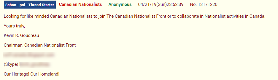 Canadian Nationalist Front 8chan post2