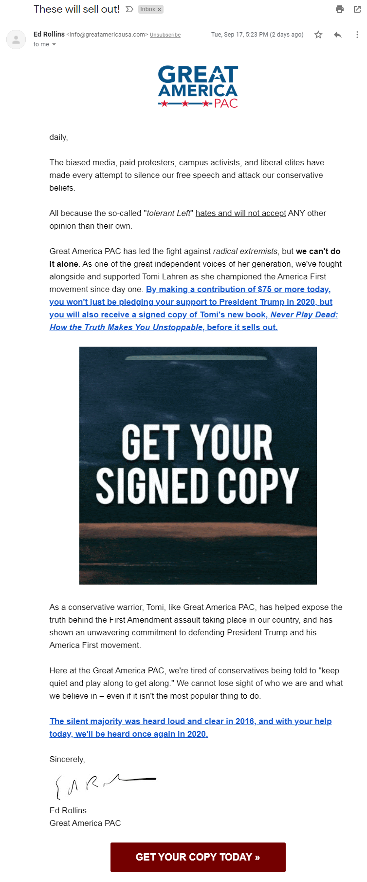 Great America PAC email with Tomi Lahren