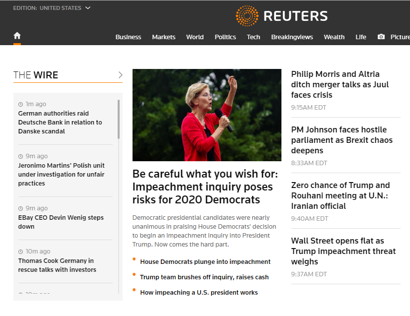 Screenshot of Reuters home page 9/25/19
