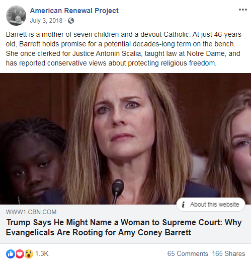 American Renewal Project's Facebook post from July 3, 2018 that links to a CBN News article about Amy Coney Barrett