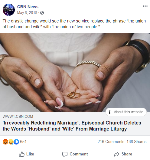 CBN News' Facebook post from May 8, 2018 that links to a CBN News article about the Episcopal Church's LGBTQ-inclusive policies