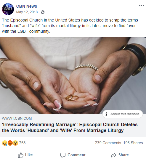CBN News' Facebook post from May 12, 2018 that links to a CBN News article about the Episcopal Church's LGBTQ-inclusive policies