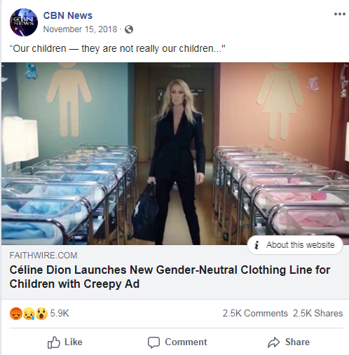 CBN News' Facebook post from November 15, 2018 that links to a Faithwire article about Celine Dion's gender-neutral clothing line