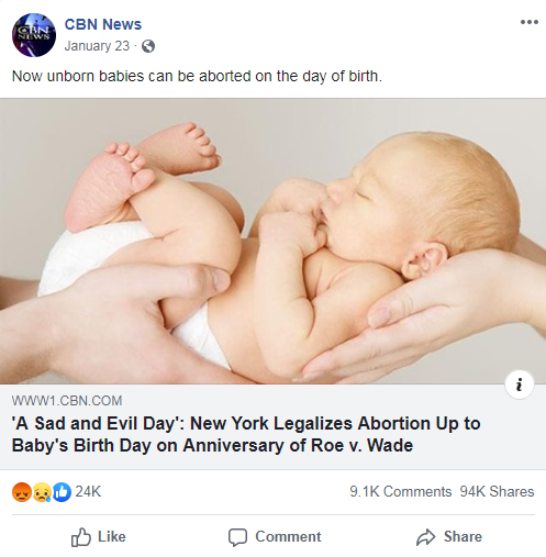 CBN News' Facebook post from January 23, 2019 that links to a CBN News article about NY's abortion policies