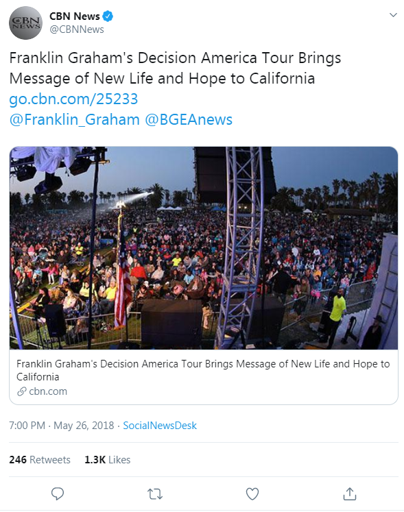 CBN News' tweet from May 26, 2018 that links to a CBN News article about Franklin Graham