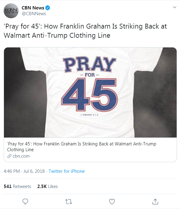 CBN News' tweet from July 6, 2018 that links to a CBN News article about Franklin Graham