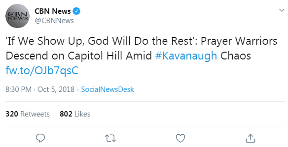 CBN News' tweet from October 5, 2018 that links to a CBN News article about praying for Kavanaugh