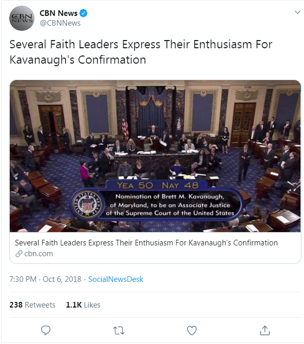 CBN News' tweet from October 6, 2018 that links to a CBN News article about Kavanaugh