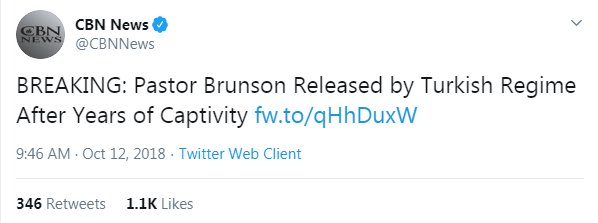 CBN News' tweet from October 12, 2018 that links to a CBN News article about Pastor Brunson