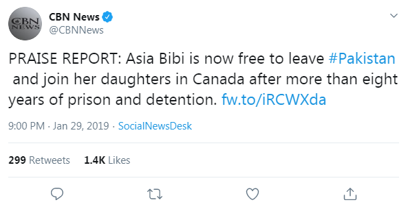CBN News' tweet from January 29, 2019 that links to a CBN News article about Asia Bibi