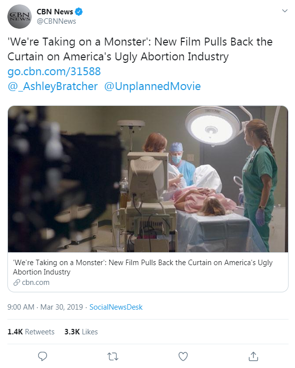 CBN News' tweet from March 30, 2019 that links to a CBN News article about Unplanned, an anti-abortion movie