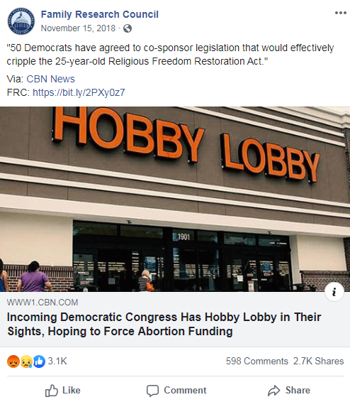 Family Research Council's Facebook post from November 15, 2018 that links to a CBN News article about the Religious Freedom Restoration Act