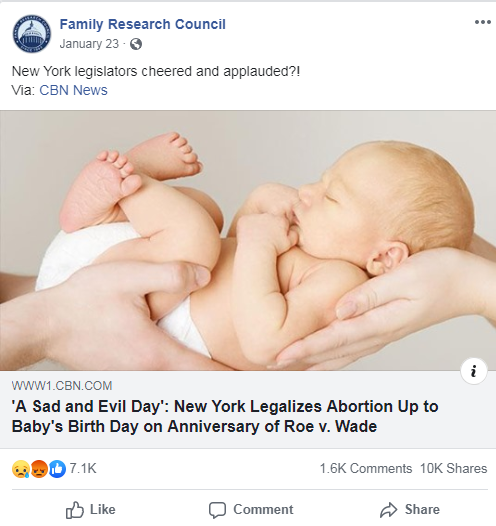 Family Research Council's Facebook post from January 23, 2019 that links to a CBN News article about NY's abortion policies