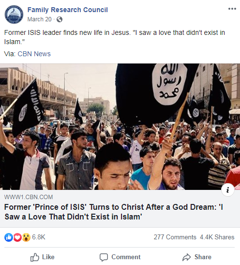 Family Research Council's Facebook post from March 20, 2019 that links to a CBN News article about an Isis leader converting to Christianity