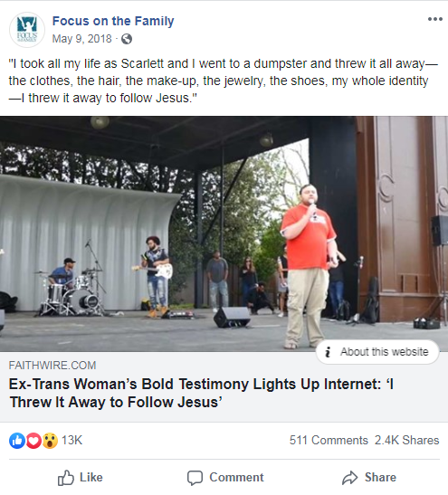 Focus on the Family's Facebook post from May 9, 2018 that links to a Faithwire article about an “ex-trans woman” 