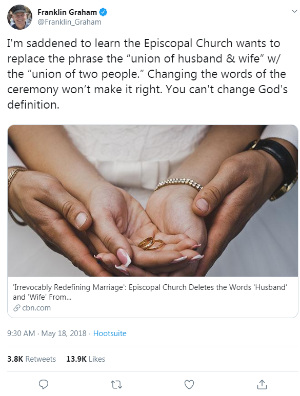 Franklin Graham's tweet from May 18, 2018 that links to a CBN News article about the Episcopal Church's LGBTQ-inclusive policies