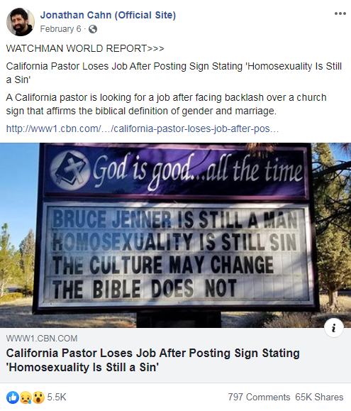 Jonathan Cahn's Facebook post from February 6, 2019 that links to a CBN News article about a California Pastor's anti-LGBTQ comments