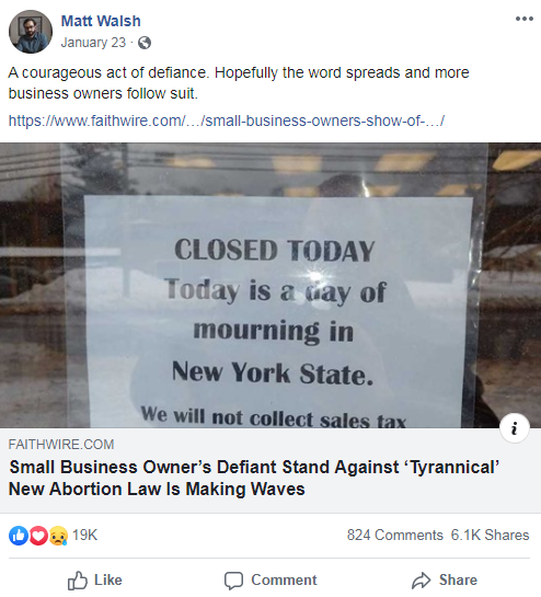 Matt Walsh's Facebook post from January 23, 2019 that links to a CBN News article about NY's abortion policies