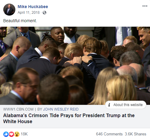 Mike Huckabee's Facebook post from April 11, 2018 that links to a CBN News article about Alabama Crimson Tide team praying with Trump