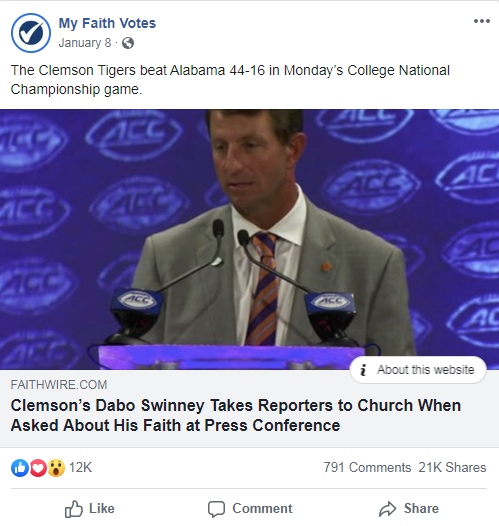 My Faith Vote's Facebook post from January 8, 2019 that links to a Faithwire article about Clemson coach Dabo Swinney