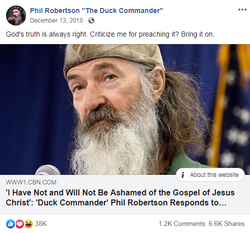 Phil Robertson's Facebook post from December 13, 2018 that links to a CBN News article about comments made by Phil Robertson