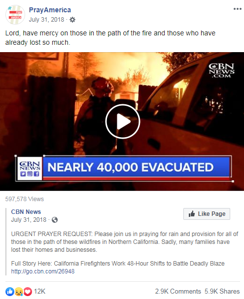 PrayAmerica's Facebook post from July 13, 2018 that links to a CBN News article asking for prayers in the wake of the California wildfires