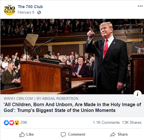The 700 Club's Facebook post from February 6, 2019 that links to a CBN News article about Trump's anti-abortion comments during the State of the Union address