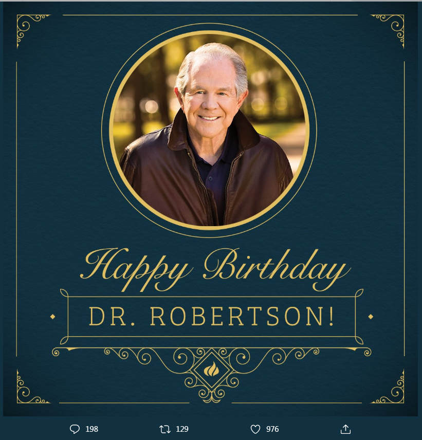 Image of Pat Robertson from The 700 Club's tweet from March 22, 2019. The image also shows the number of retweets and likes that the tweet earned.