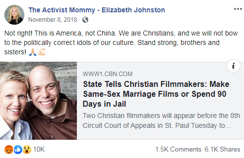The Activist Mommy's Facebook post from November 8, 2018 that links to a CBN News article about a Christian business that wants to discriminate against LGBTQ people