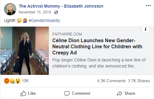 The Activist Mommy's Facebook post from November 15, 2018 that links to a Faithwire article about Celine Dion's gender-neutral clothing line