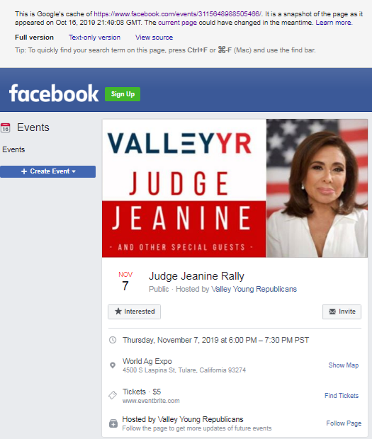 Jeanine Pirro event page image from Google cache