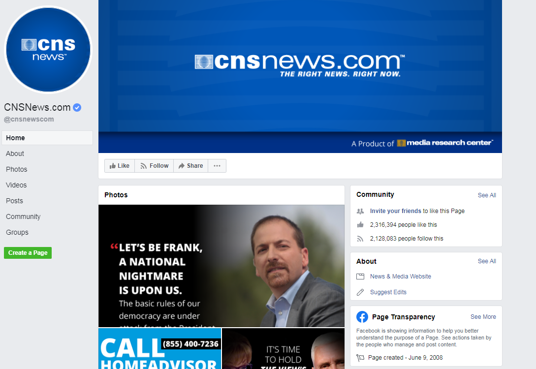 Image of CNS News' Facebook page