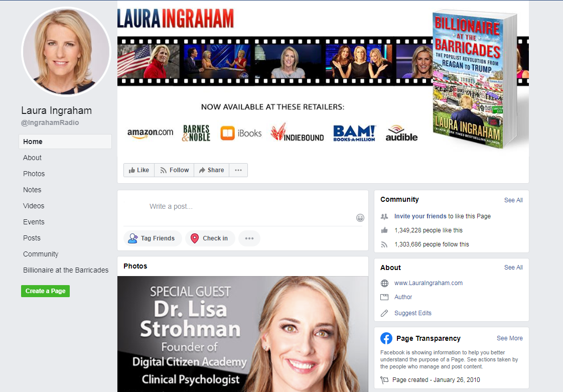 Image of Laura Ingraham's Facebook page