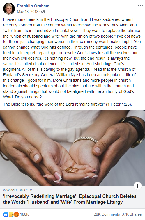 Franklin Graham's Facebook post from May 18, 2018 that links to a CBN News article about the Episcopal Church's LGBTQ-inclusive policies