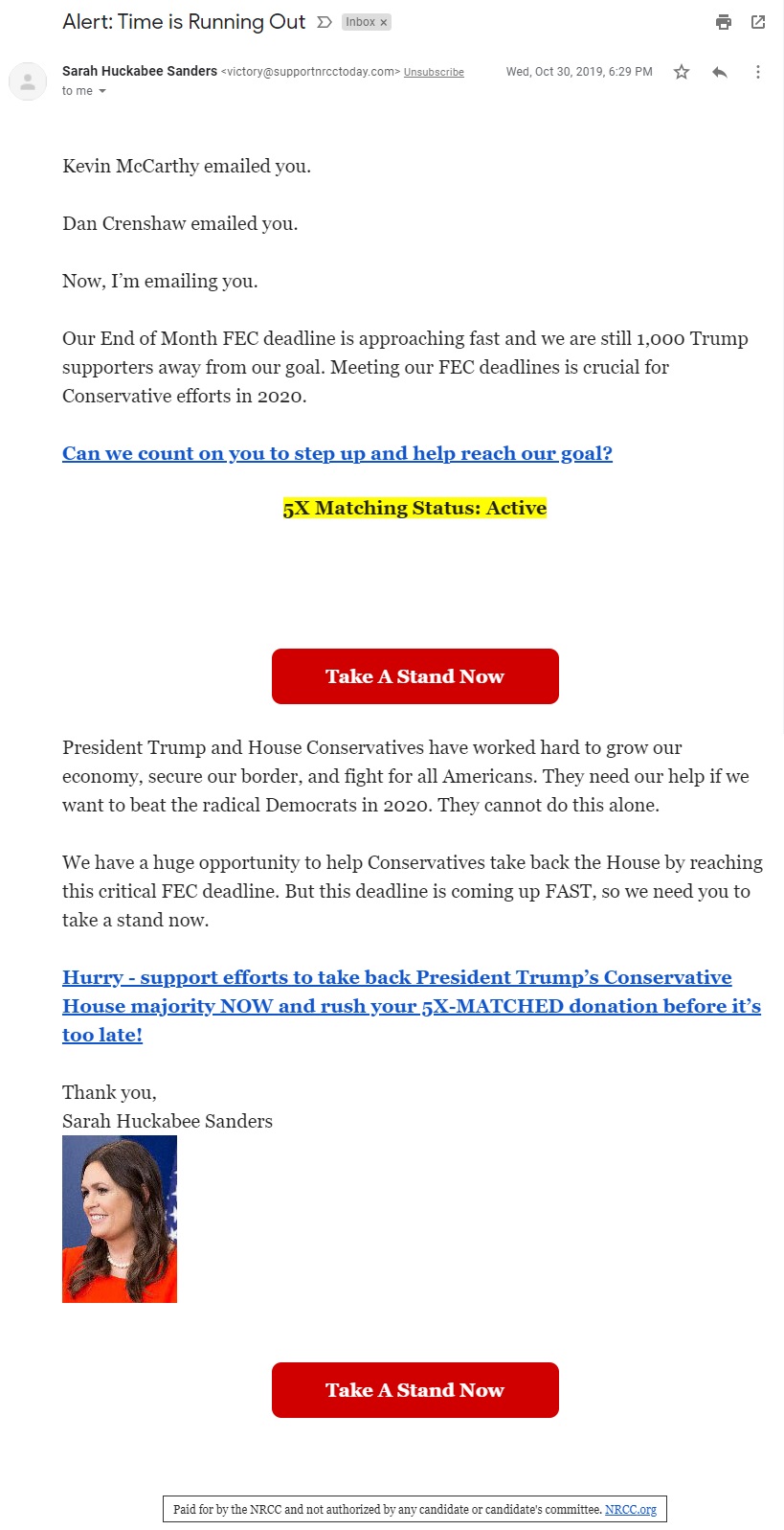 Sarah Huckabee Sanders NRCC email