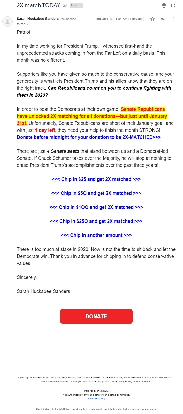 Sarah Huckabee Sanders NRSC email