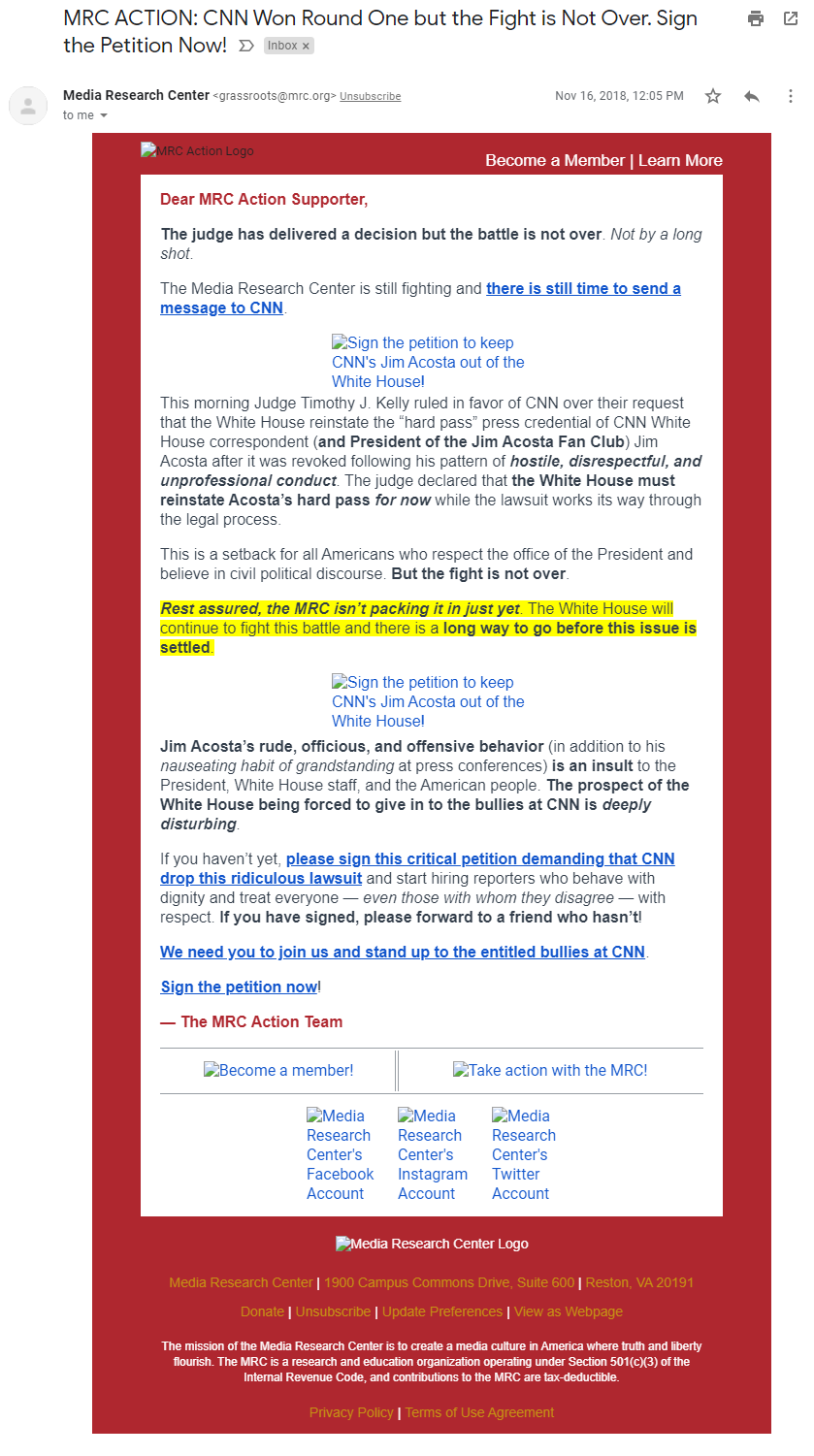 MRC Action email about Jim Acosta and CNN