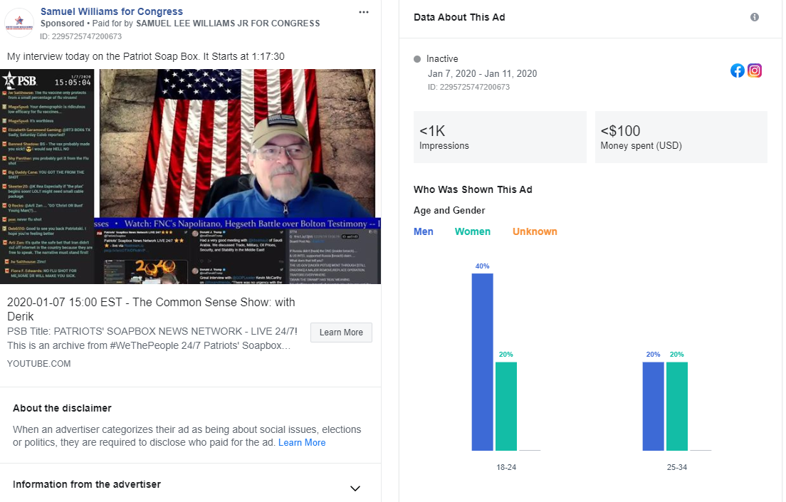 Samuel Williams QAnon Facebook ad