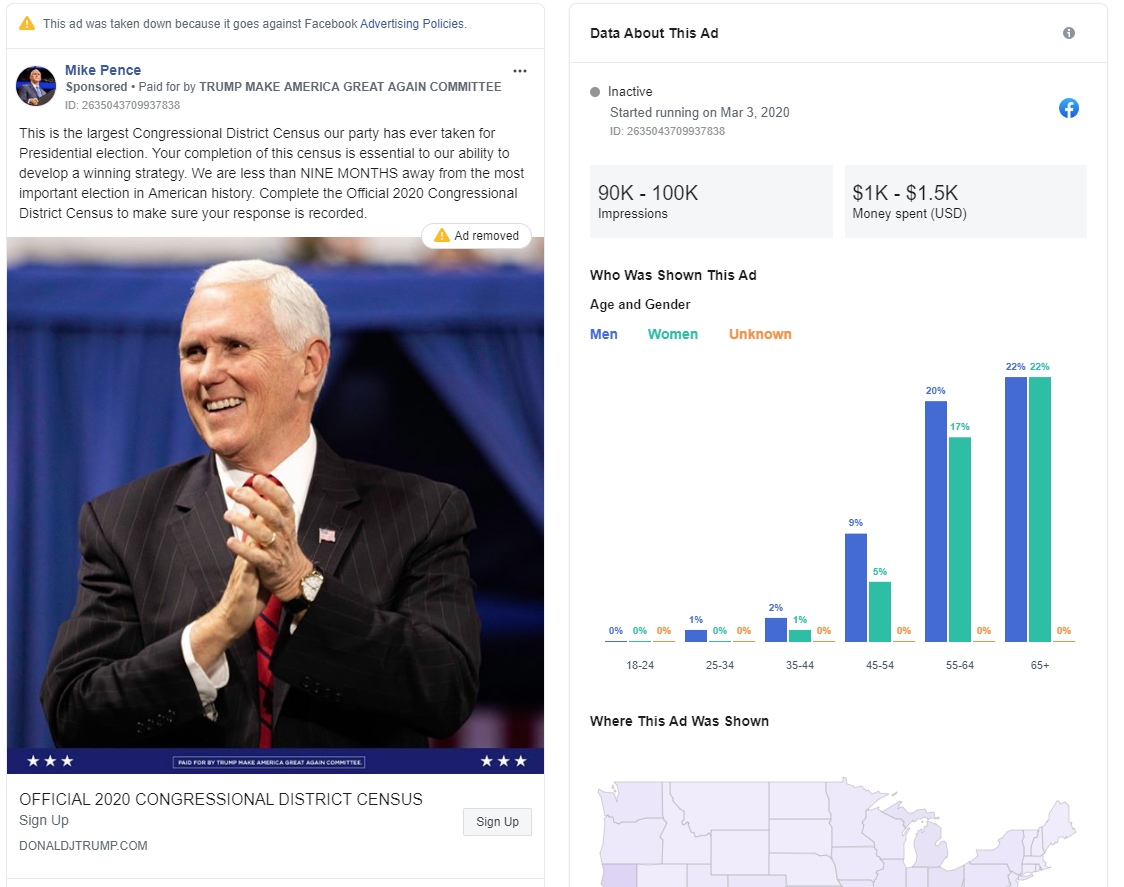 Mike Pence's Facebook ad with census disinformation from 20200305