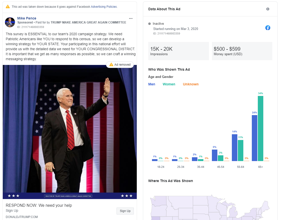 Mike Pence's Facebook ad with census disinformation from 20200305