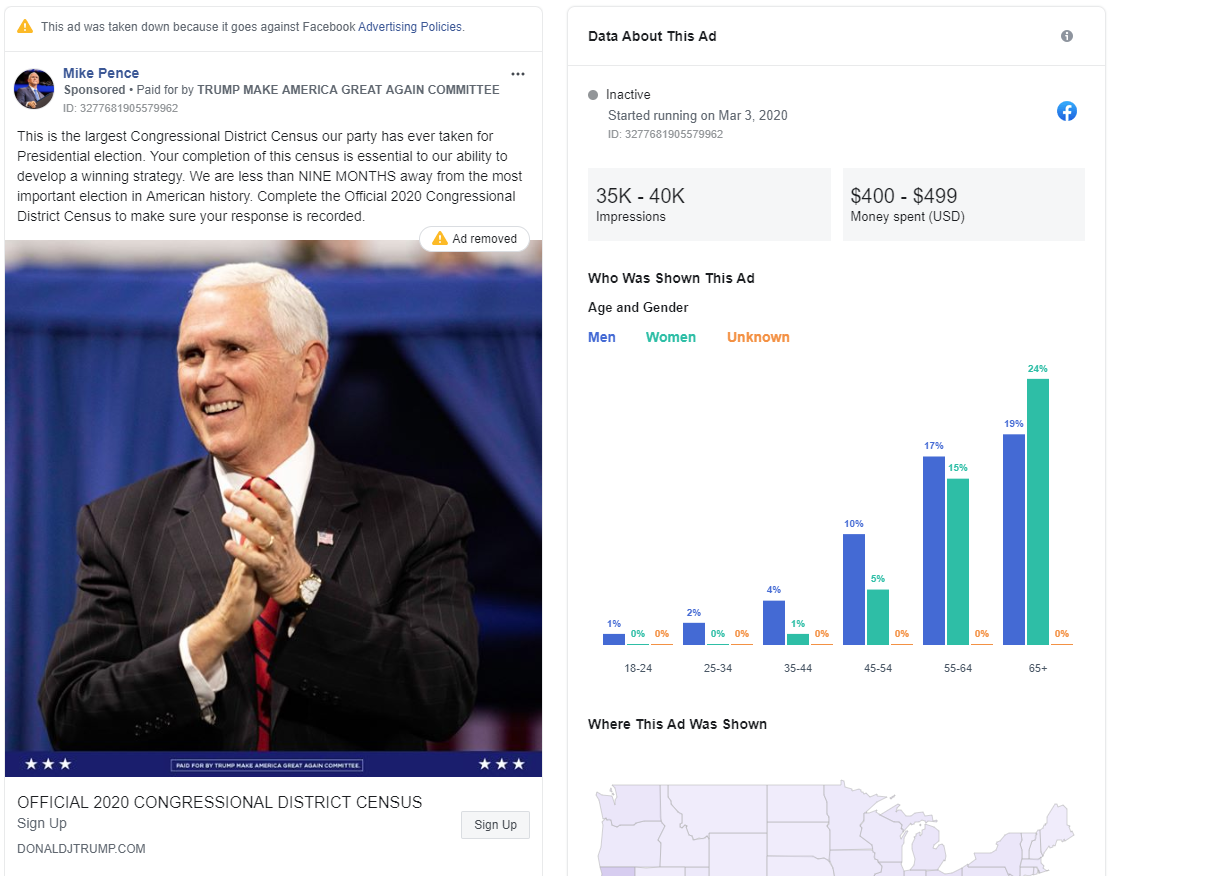 Mike Pence's Facebook ad with census disinformation from 20200305
