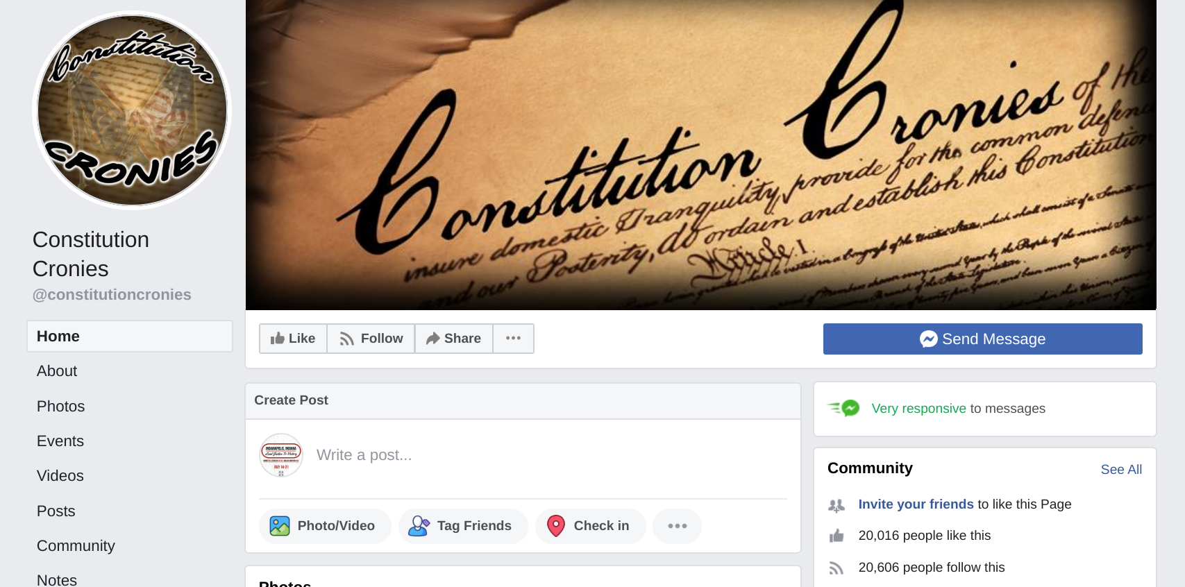 Image of Constitution Cronies' Facebook page with about 20,000 page likes