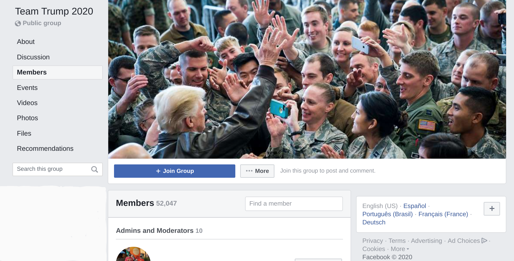 Image of Team Trump 2020 Facebook group with over 50,000 members 