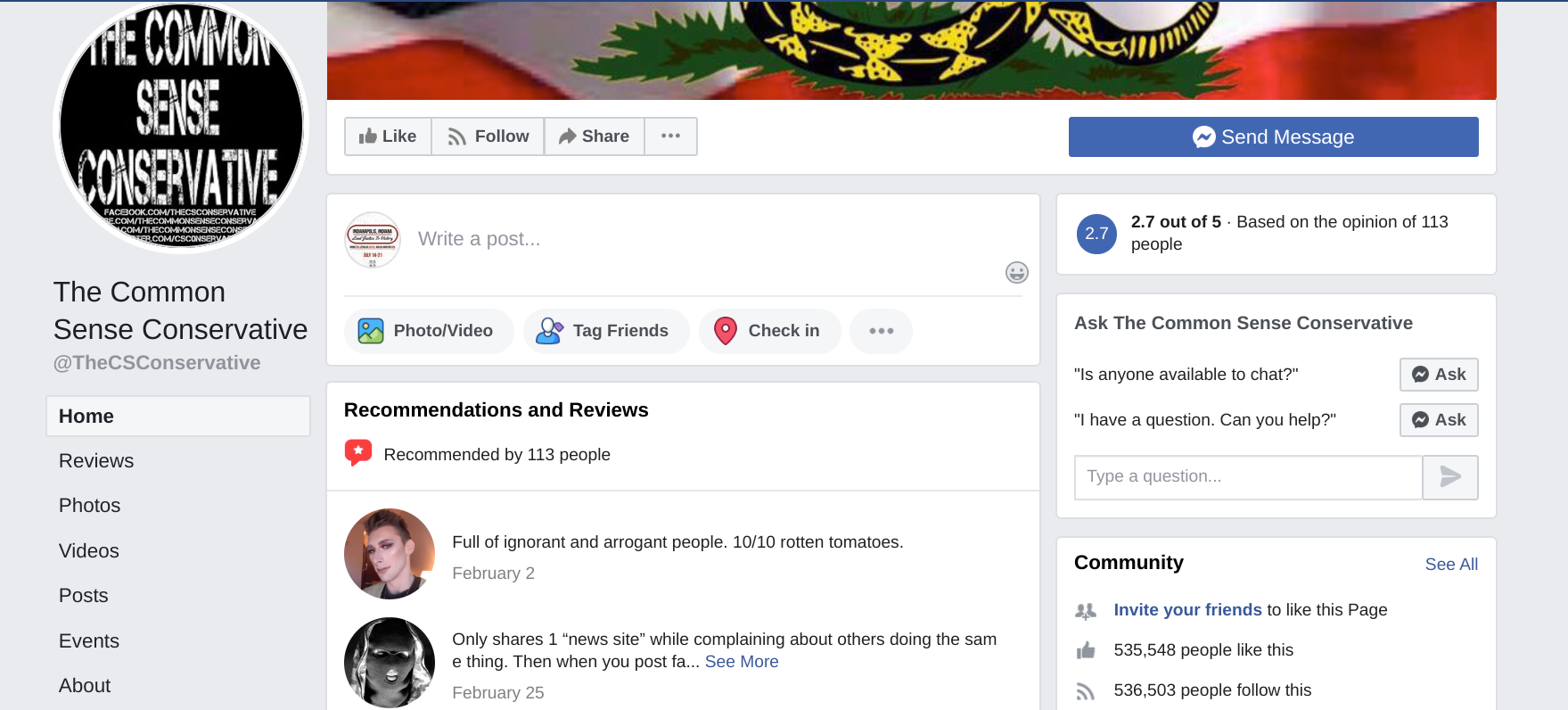 Image of The Common Sense Conservative Facebook page with 535,548 page likes