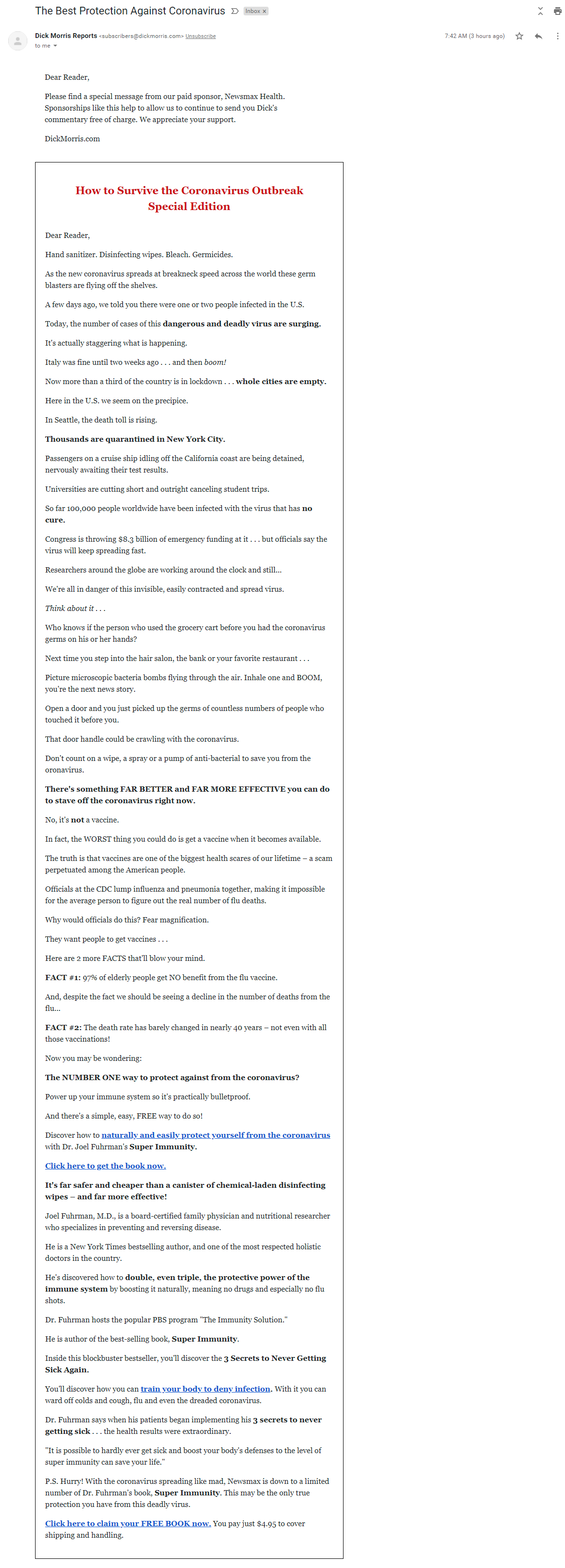 Newsmax CDC email via Dick Morris on March 10